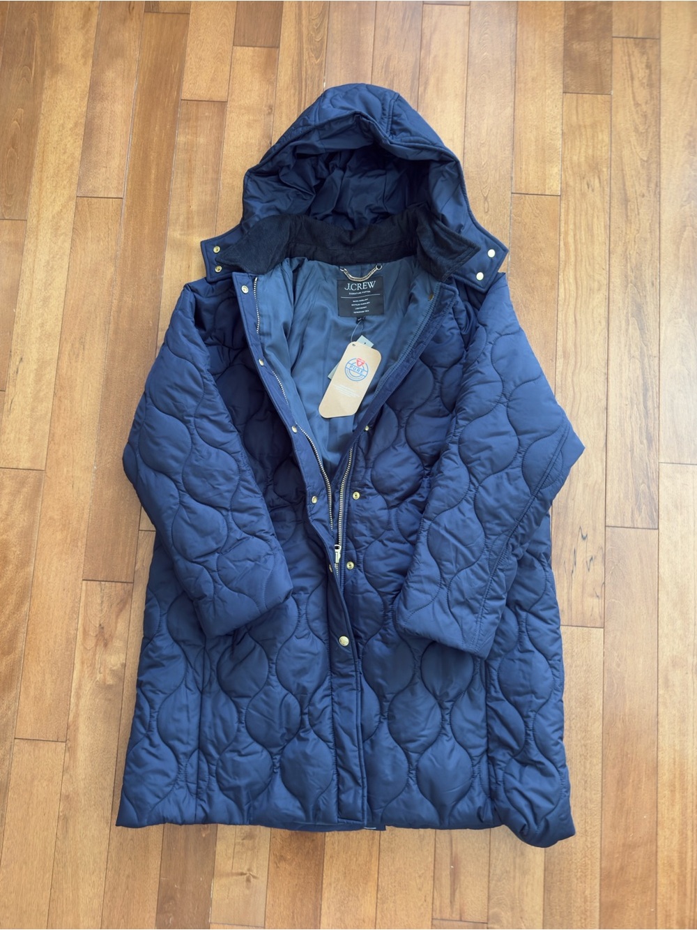 NWT J.Crew Signature Puffer Quilted Jacket with Hood - Navy Blue, Size L